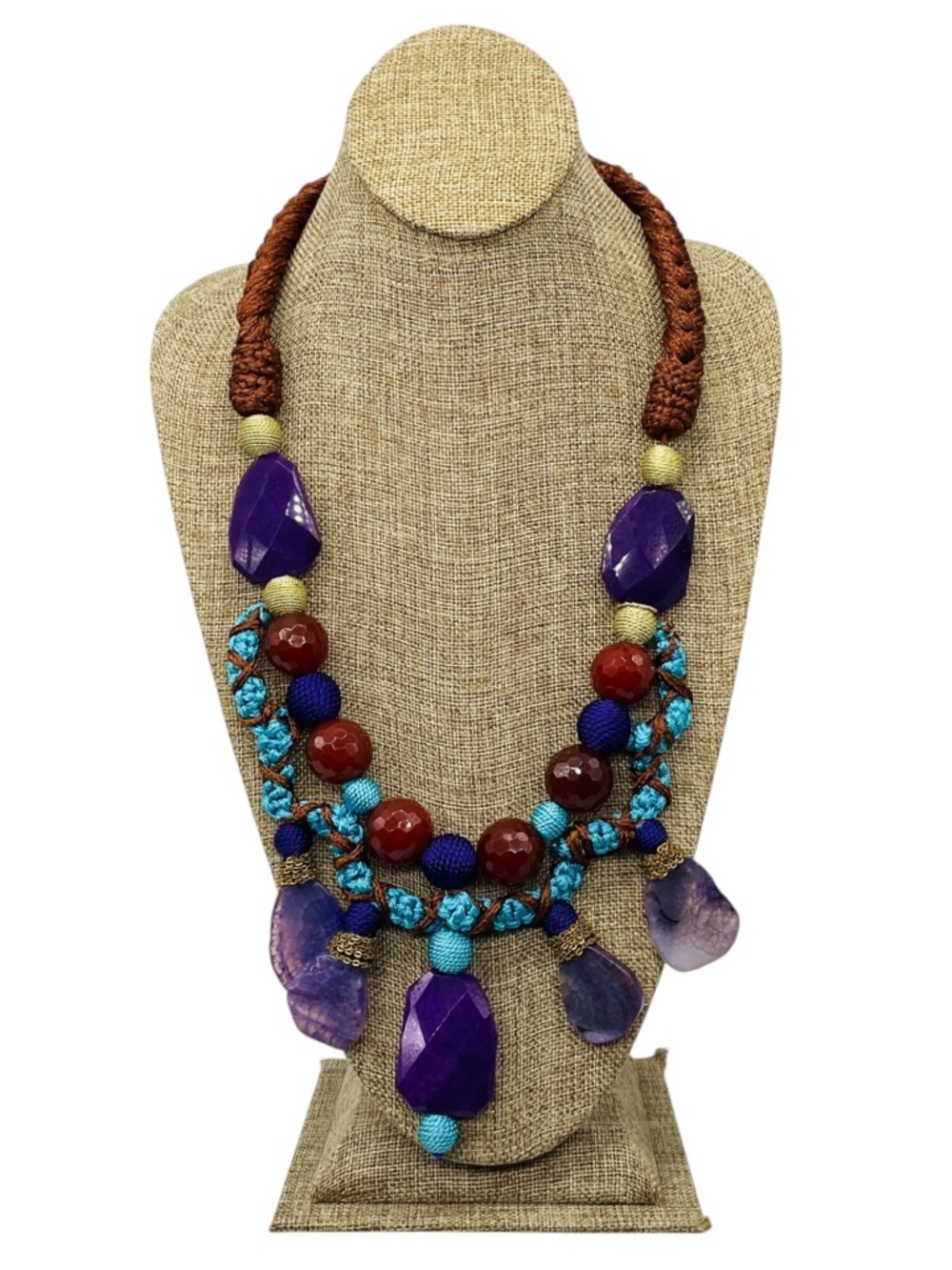 Oscar de la Renta Purple / Brown Multi Stone Embellished Rope Chain Necklace
